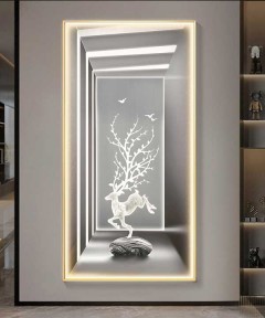 Ghazzele Grey And White Crystall Painting With Led Light Gold Frame